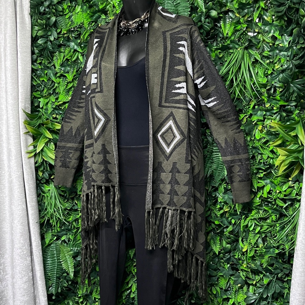 Southwestern Tribal Fringe Cardigan‎ Medium Green Metallic Open Front Boho 3600